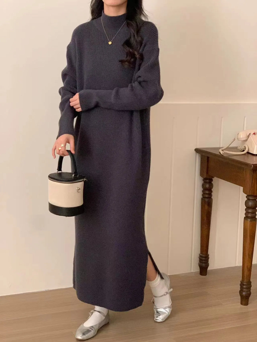 Half turtleneck knit dress in acrylic fibre with high waist and midi length