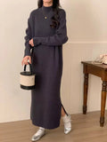 Half turtleneck knit dress in acrylic fibre with high waist and midi length