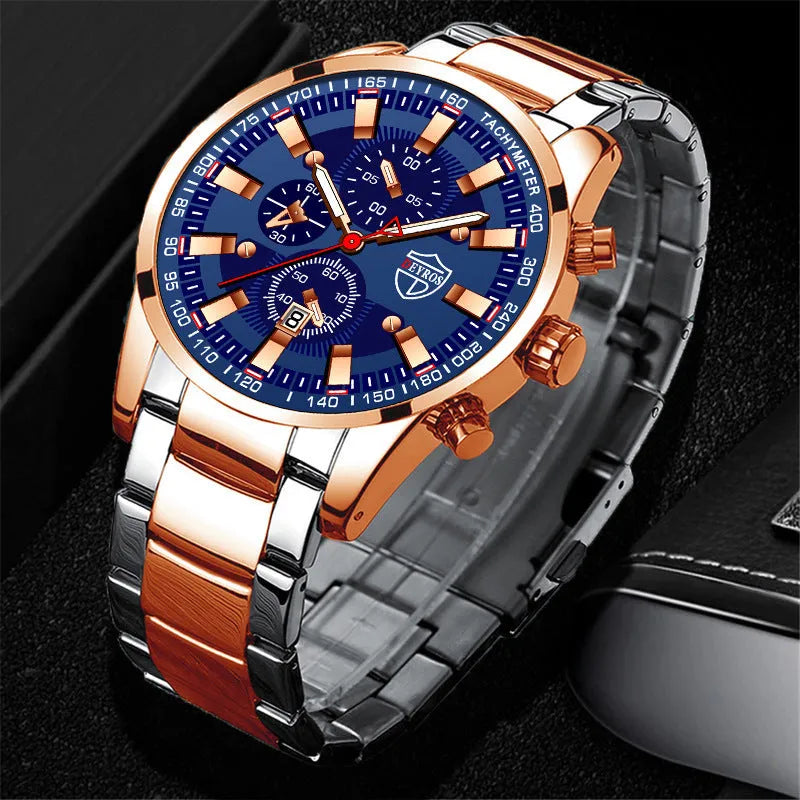 Stainless steel luminous quartz wristwatch for men, black dial, 42mm, stainless steel band with single fold buckle