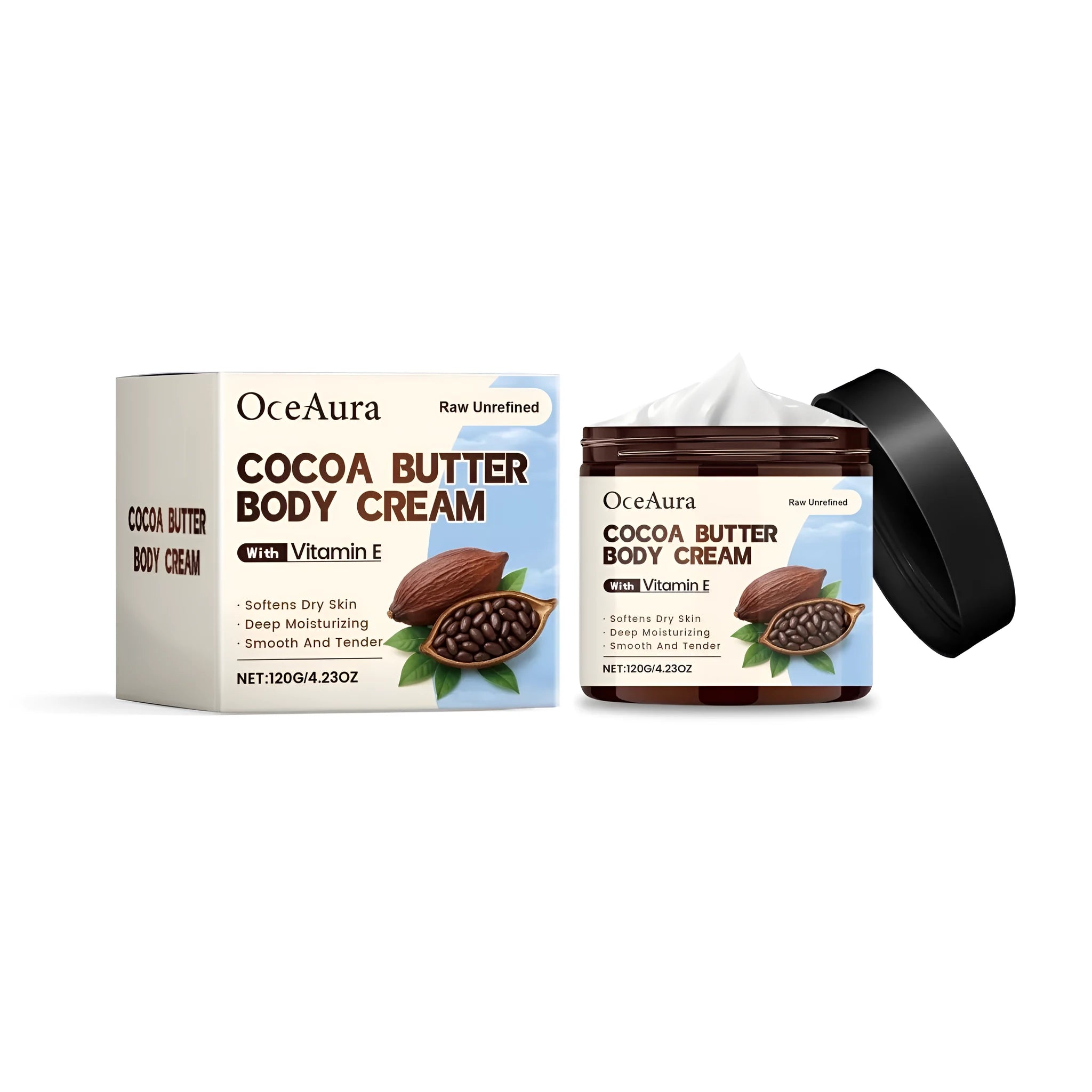 120g jar of cocoa butter body cream with coconut oil and vitamin E for moisturising dry skin.