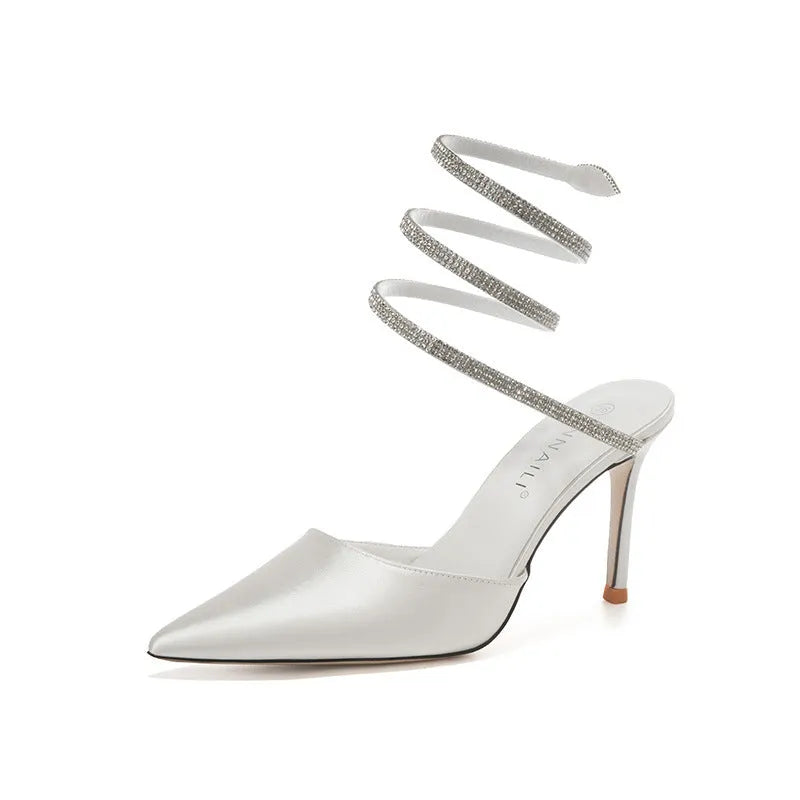 Women's pointed stiletto heel shoes in black velvet or white satin with 7cm or 9cm heel and ankle strap