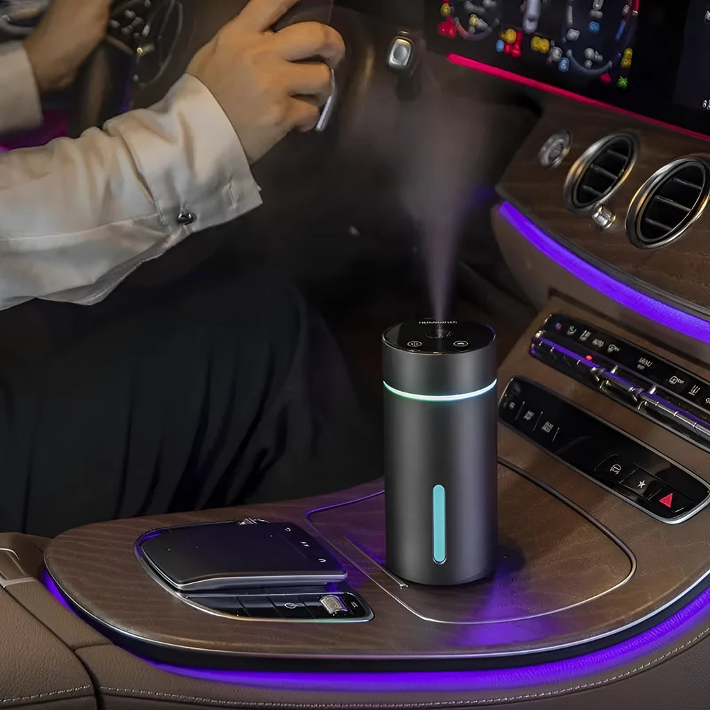 Black aluminium car humidifier with 260ml water tank and USB cable for vehicle or office use