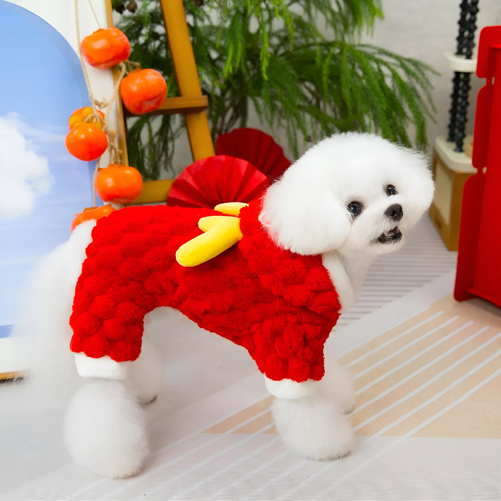 Red double-sided velvet pet jacket with a cartoon Little Dragon design for dogs and cats.