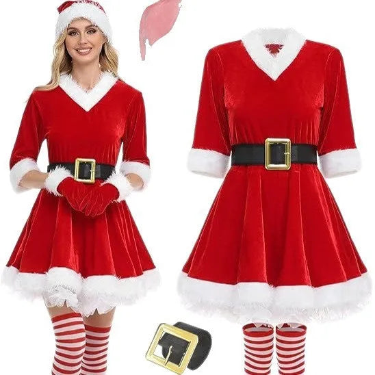 Christmas women's stage performance costume suit with cotton dress, belt, gloves, socks and hat in sizes M L XL