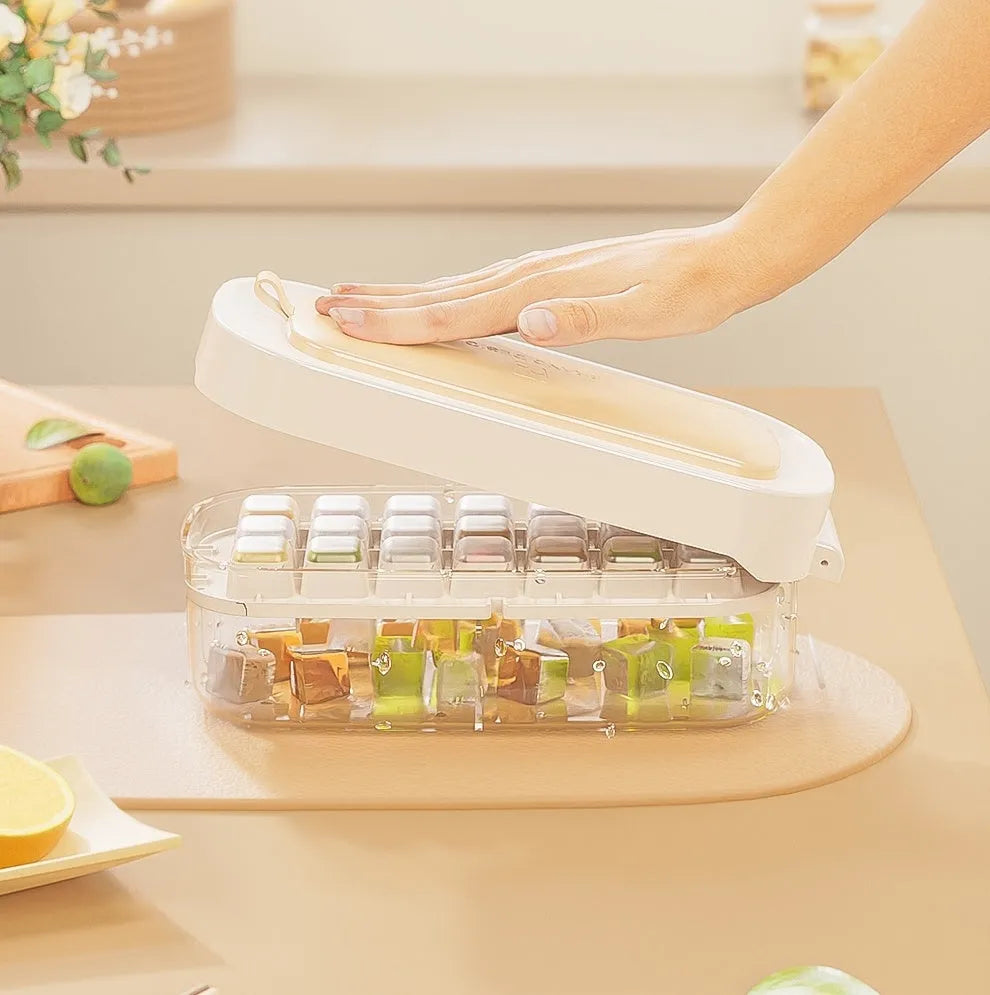 Food grade high-capacity ice cube tray in chosen colour with ice grid and storage for shovel.