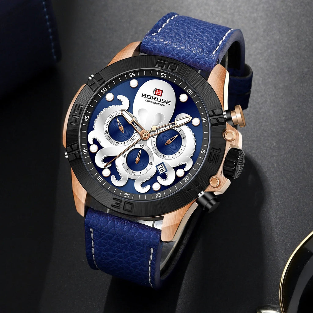 Octopus men's waterproof luminous quartz analogue watch in black or blue