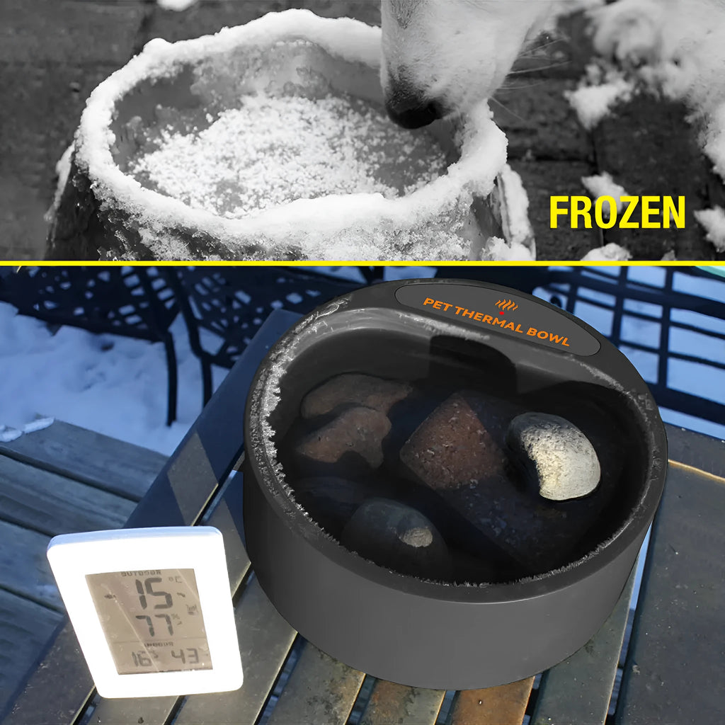 Black electric heated pet bowl for dogs and cats showing cord and 2.2-litre capacity.