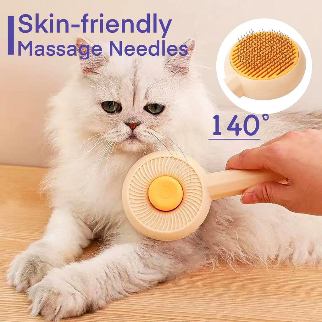 Blue self-cleaning pet grooming brush with angled metal needles for cats and dogs