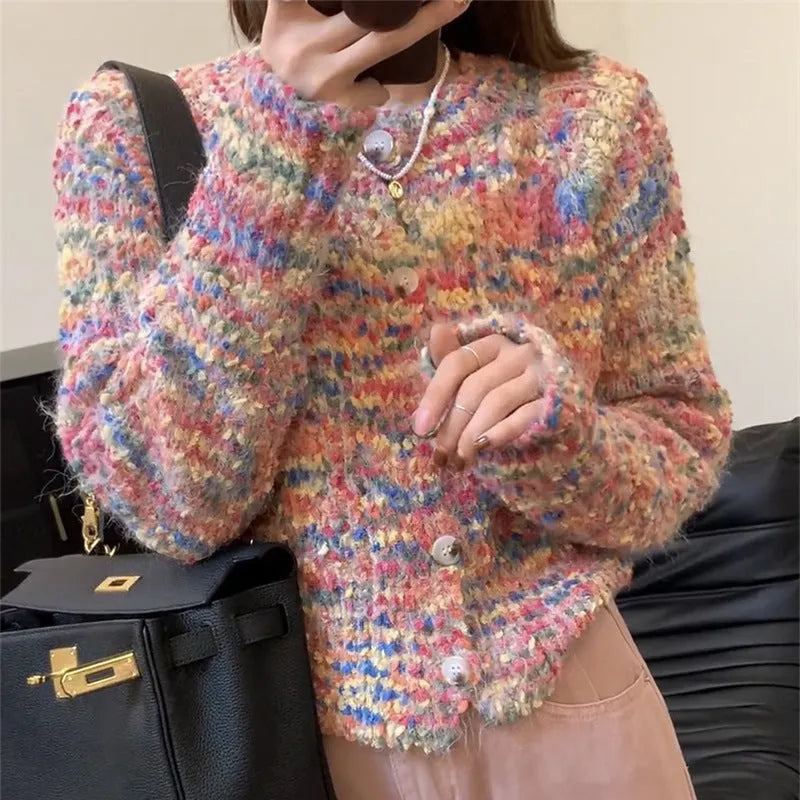 Pink or green slim fit acrylic knitted cardigan sweater with regular sleeves