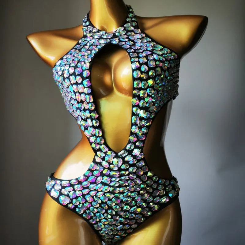 Women's one-piece mesh diamond bikini swimsuit in nylon fabric.