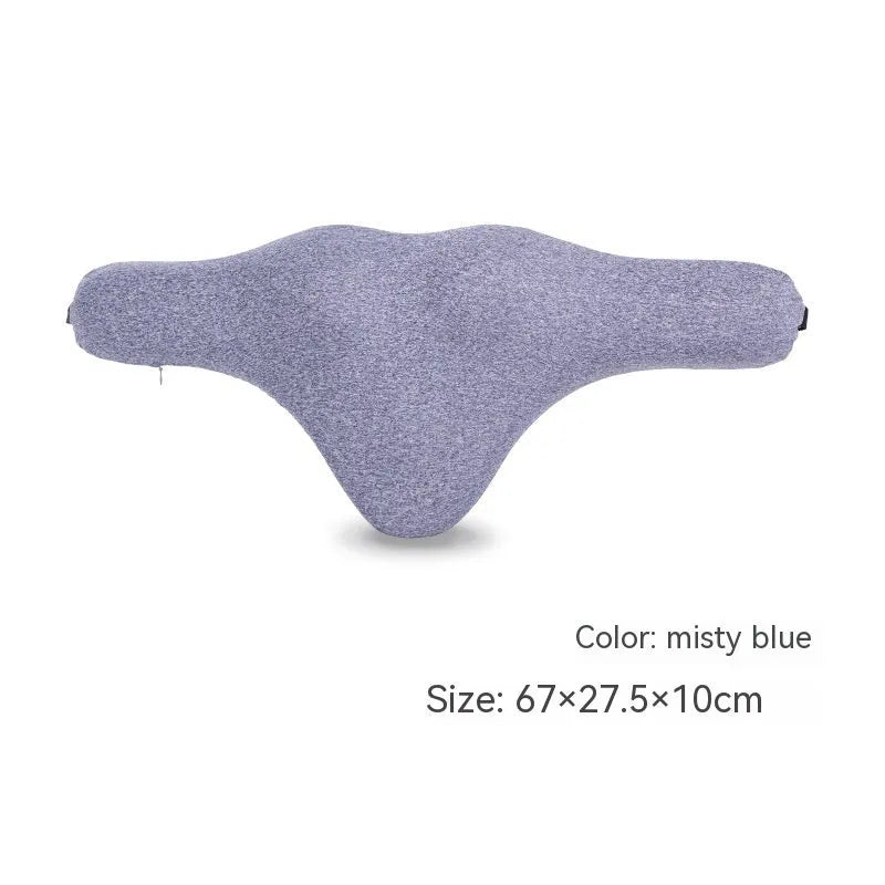 Solid-colour memory foam car neck pillow on a car headrest in dark grey, grey, or fog blue