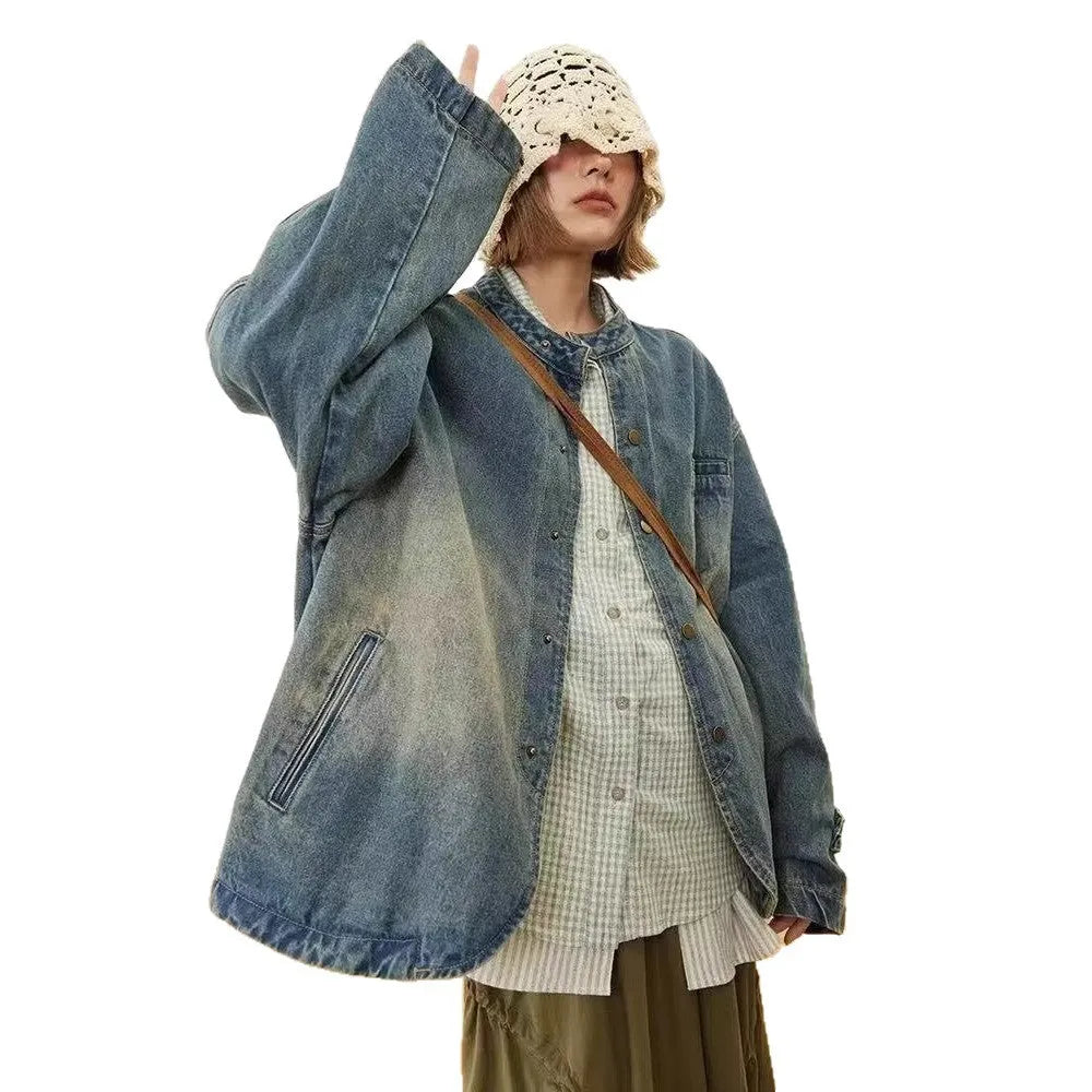 Loose casual commuting top for women in blue polyester fabric, long sleeves, straight hem, sizes M to 2XL