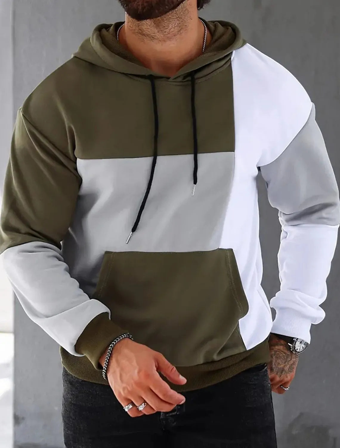 Men's slim fit hooded sweater with 3D colour matching pattern, polyester, long sleeves