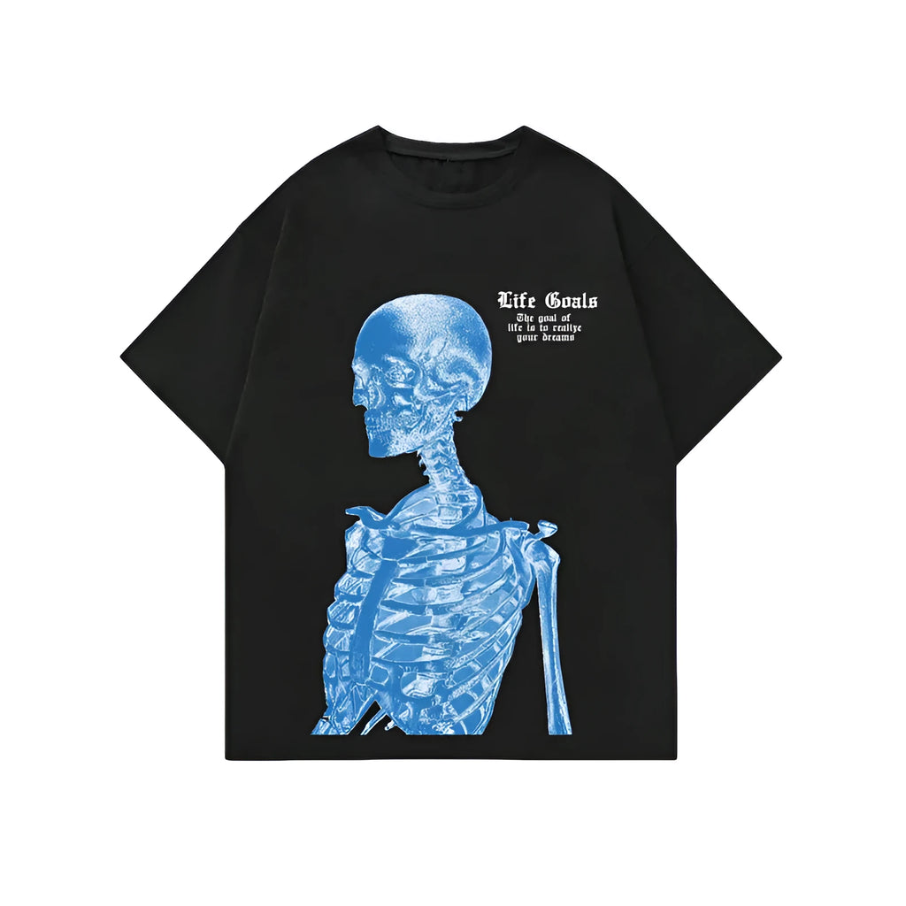 Men's grey printed street style short-sleeved sports t-shirt on a hanger.