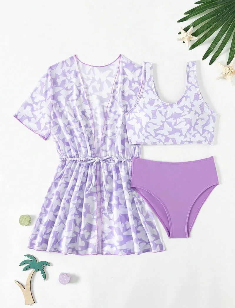 Three piece girls swimsuit cover-up set comprising coat, vest and pants in colour 3218