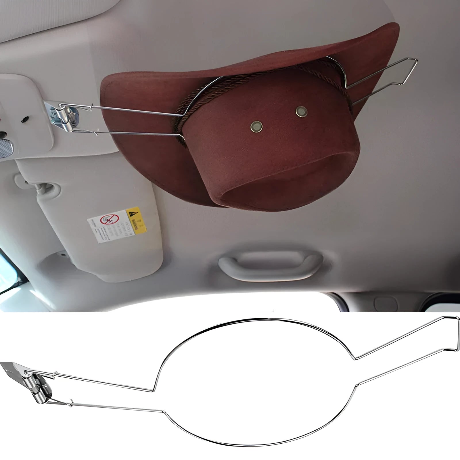Brown iron car hat stand with a chrome-plated interior for holding coats and hats.