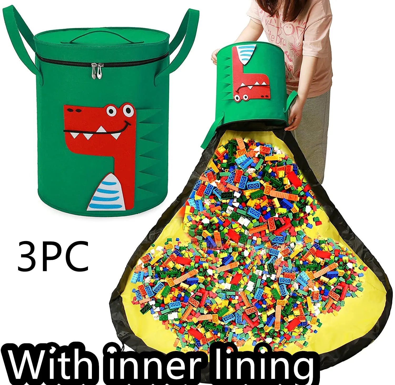 Green felt cube storage bag with pull rope, shown both as a flat play mat and gathered toy bag