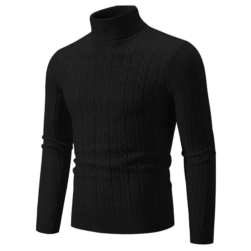 Man wearing a milky white slim fit chenille turtleneck pullover with a twist design detail