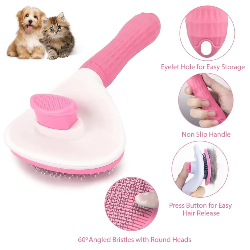 Blue cat grooming brush with a release button and fine wire bristles for removing pet hair.