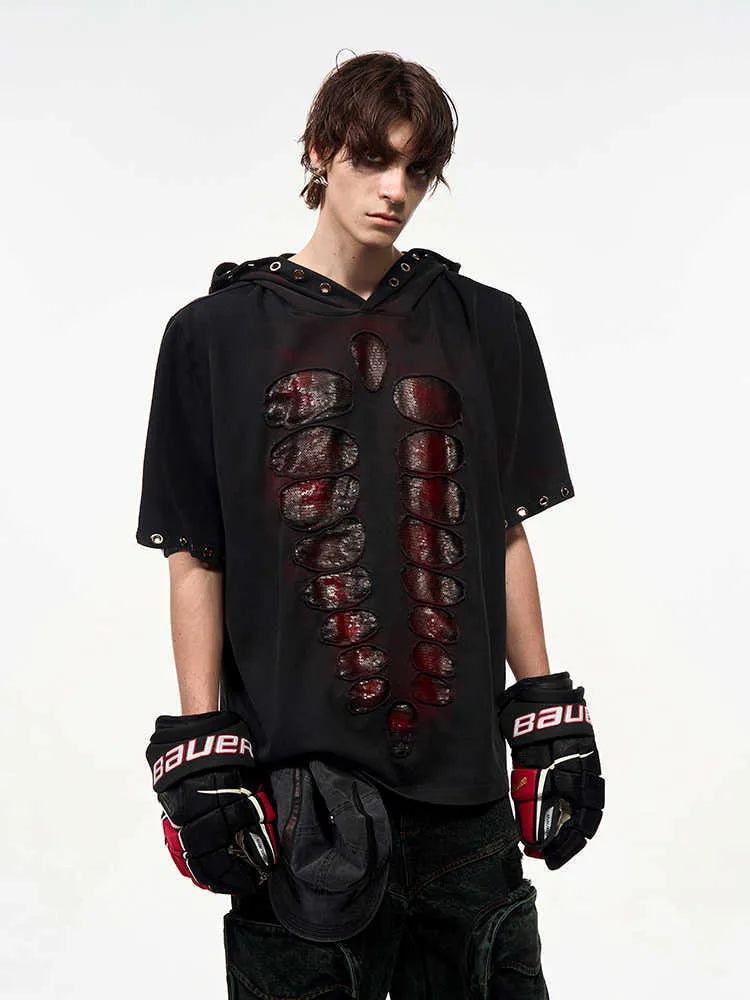 Black men's hooded T-shirt with sequin detailing and loose-fitting design