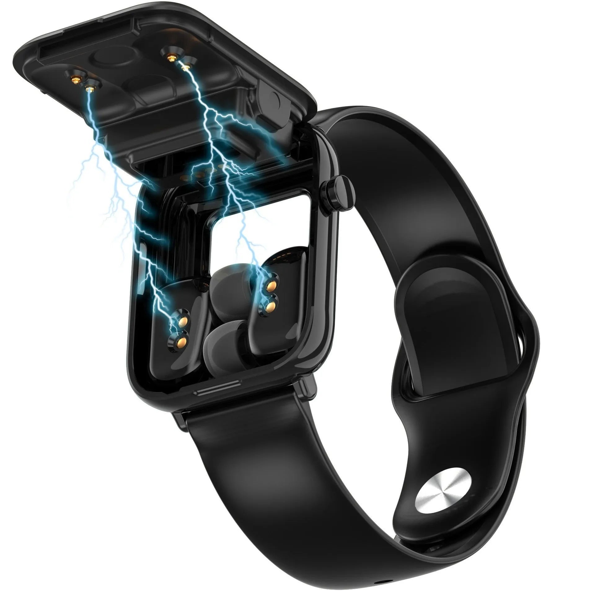 Black zinc alloy Bluetooth headset smart watch with full touch screen on wrist.