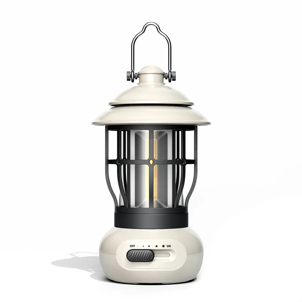 Black retro USB rechargeable camping lantern with iron shell and LED ambient light for outdoor tent use