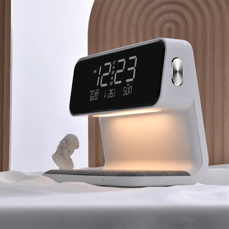 White 3-in-1 bedside lamp with wireless charging pad, LCD clock display, and touch controls.