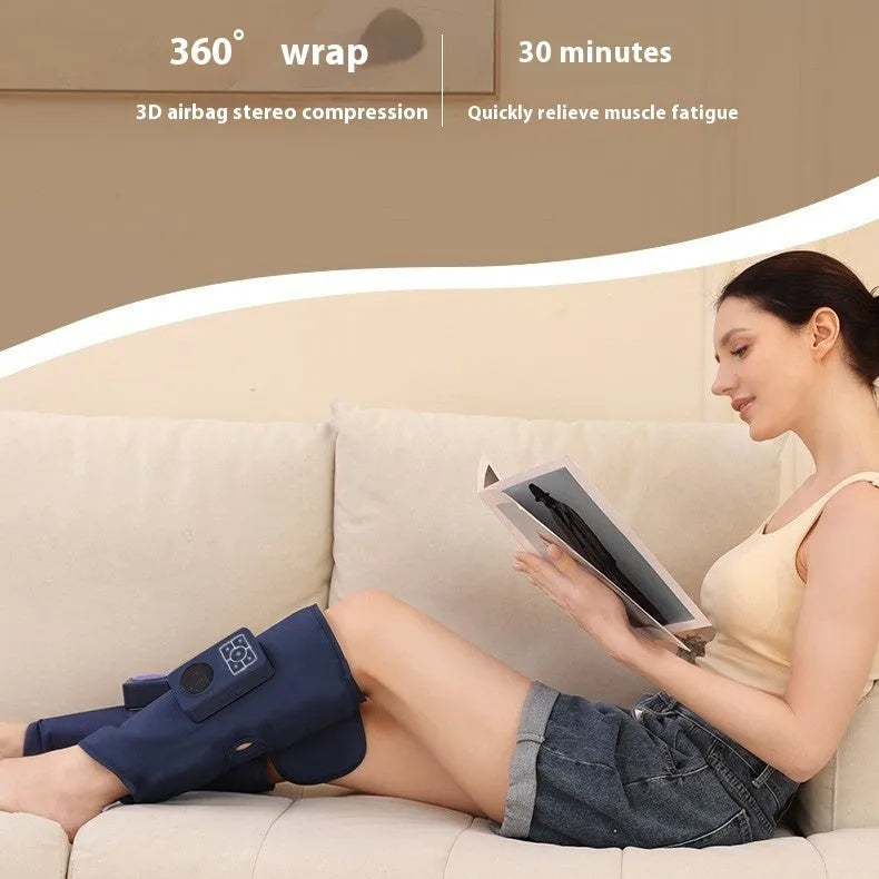 Calf airbag heating leg massager with EMS electric pulse and ultrasonic vibration controls and gear settings