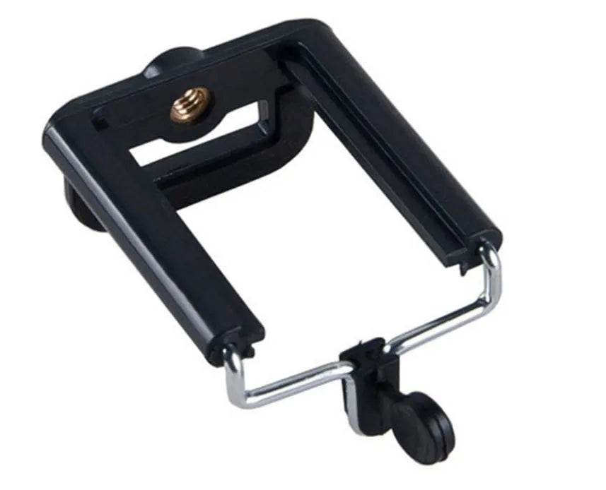Mini aluminium tripod with extended legs and a black U-shaped phone clip attached