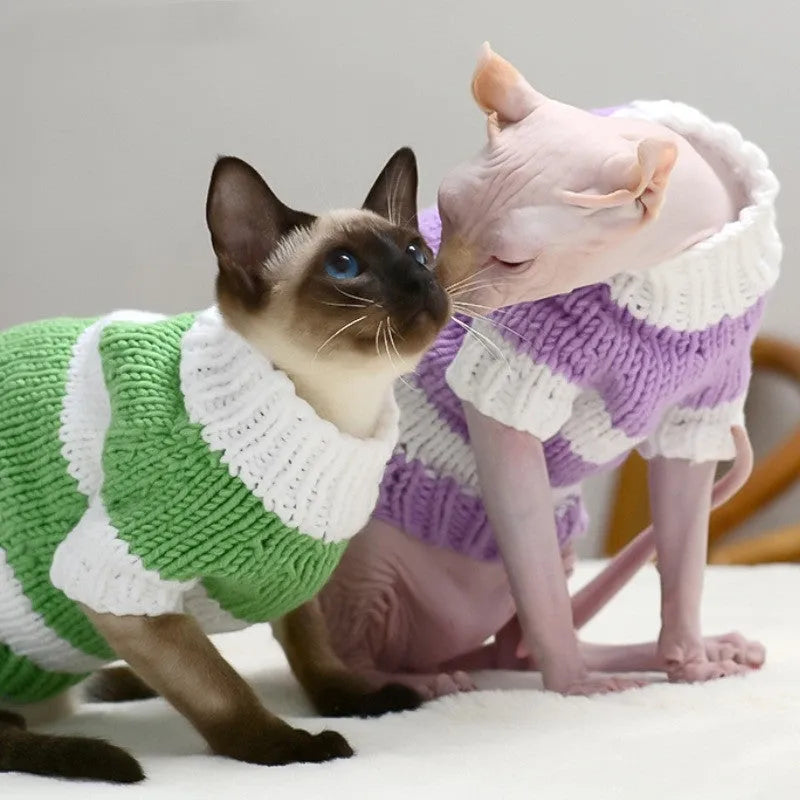 Wool handmade stripe sweater for hairless cat in light purple, side view on cat