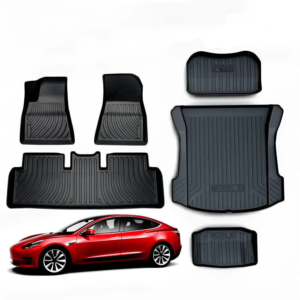 Rubber floor mats with TPE footrest designed for Tesla Model 3, Y, X, and S cars.