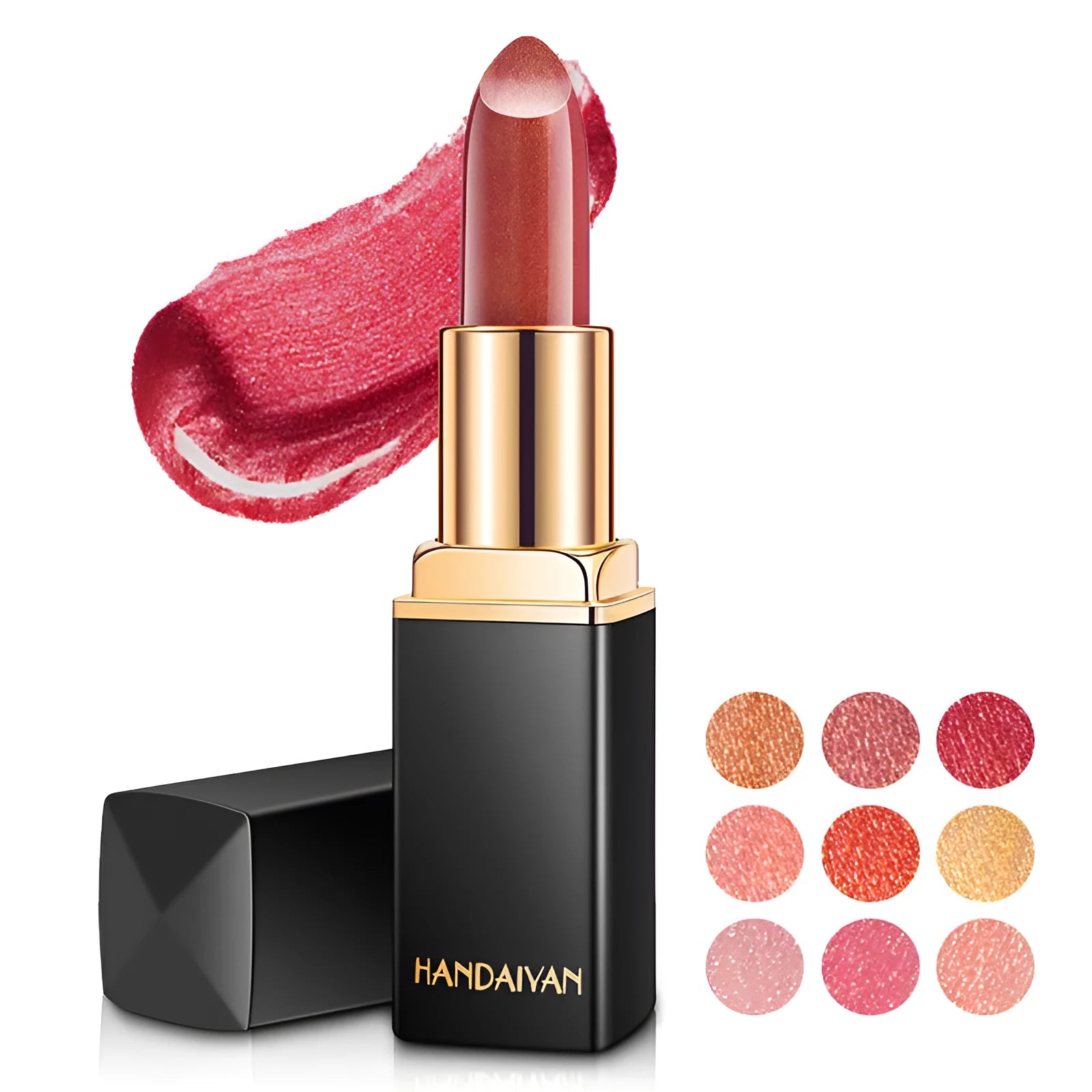 Pearlescent colour change temperature change lipstick with colour-shifting finish
