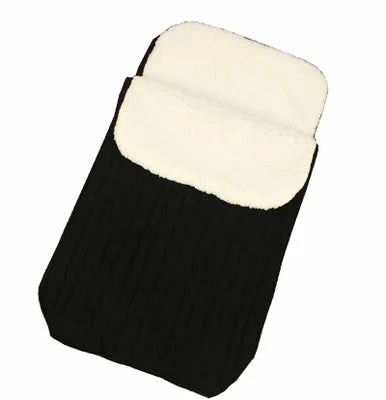 Envelope-style baby stroller sleeping bag in beige colour with thick filling, shown next to a pram.