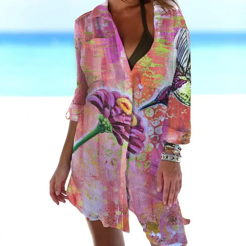 Women's beach cover shirt with colourful bird and flower pattern, long sleeves, cardigan style