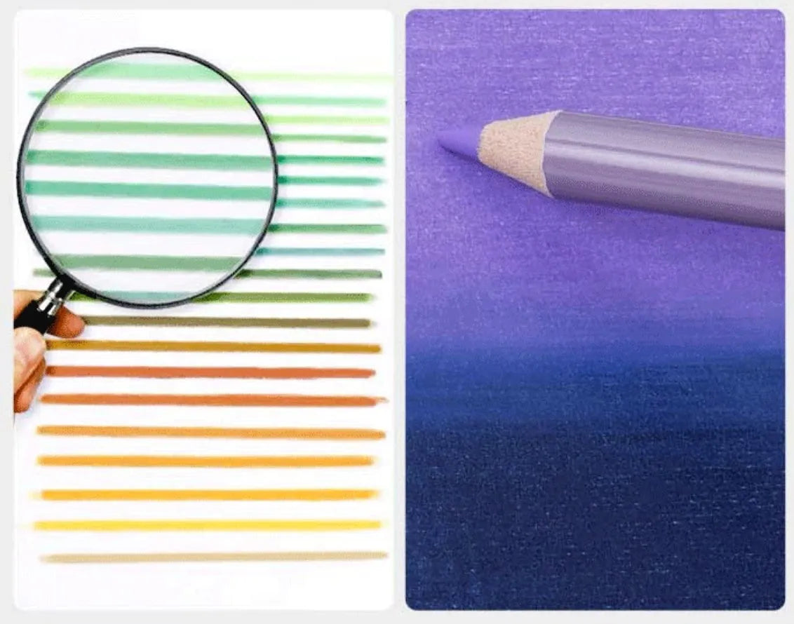 Set of 72 or 126 soft core coloured pencils in a box, with basswood barrels, for art students.