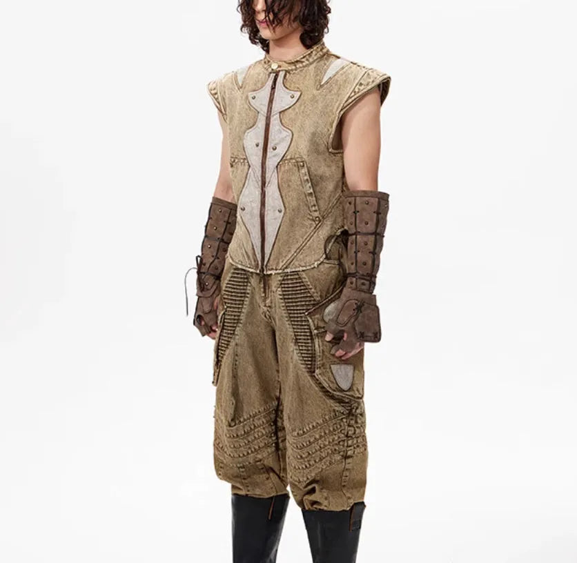 Dark denim pleated vest on hanger showing Korean-style cut and water-washed cotton fabric texture