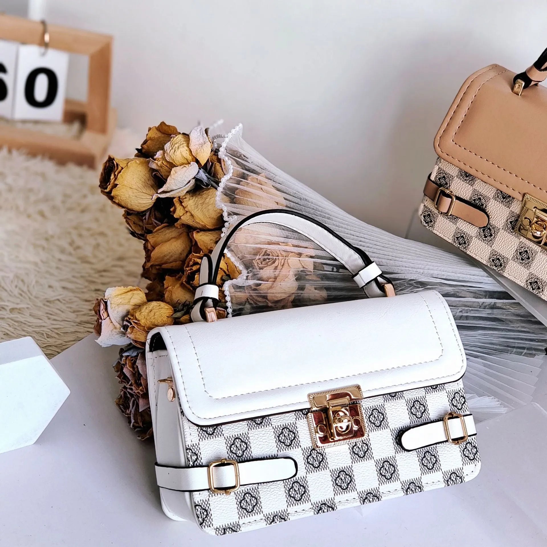 Retro ethnic pattern square crossbody bag in PU shown in apricot colour, featuring floral and plaid details.