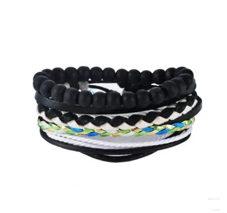 Handmade brown leather wrap bracelet with wooden beads and braided cord on a wrist.