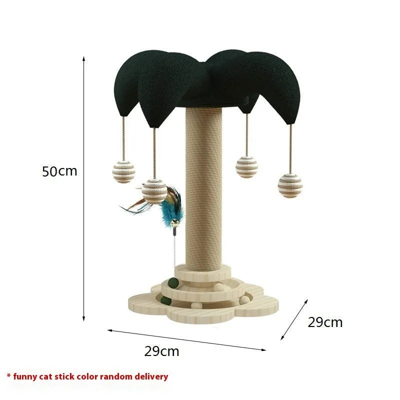 Solid wood cat scratching post with sisal rope and rotating turntable in decorative panda style design