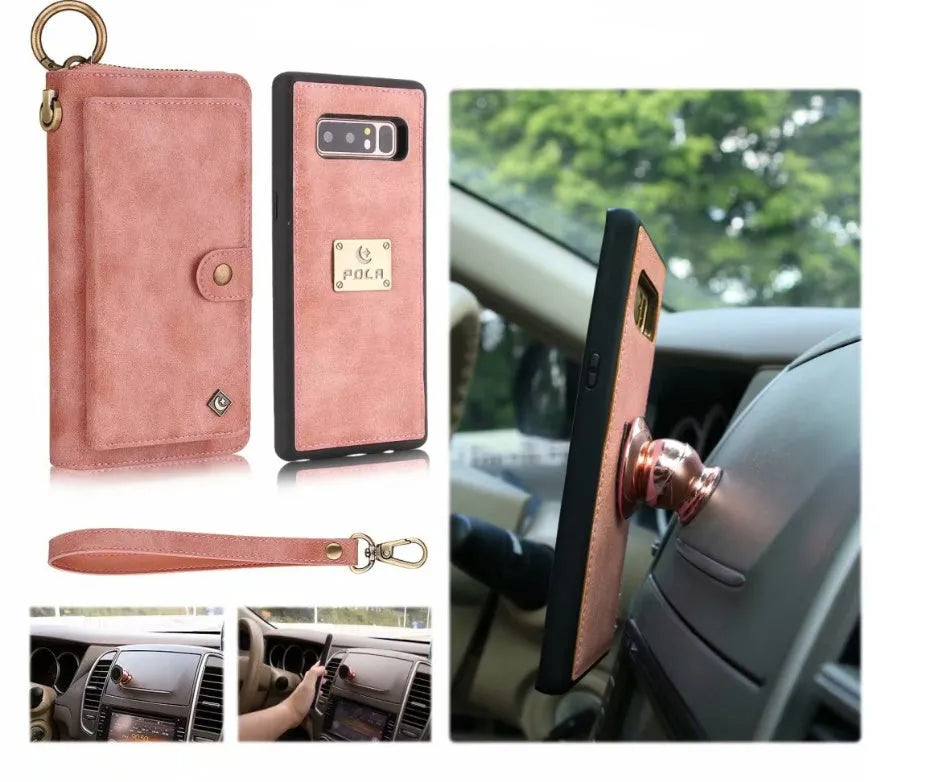 Imitation leather multi-function phone case with wallet and car mount for Samsung Galaxy and iPhone.