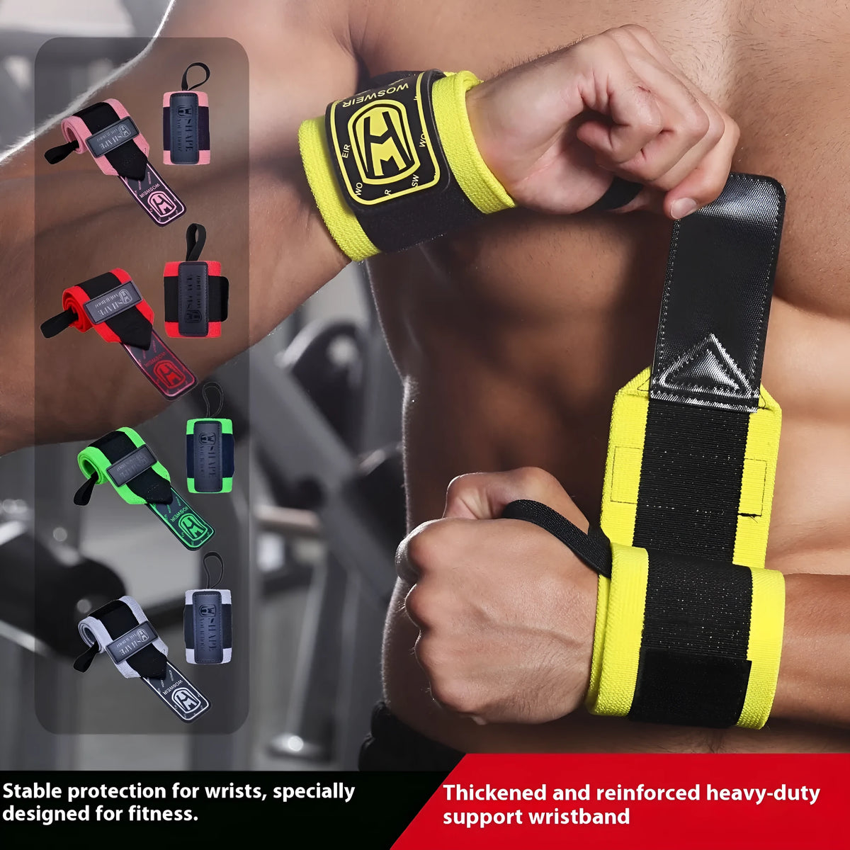 Adjustable polyester wrist wrap bandage for weightlifting and deadlift training, shown in a black colour combination