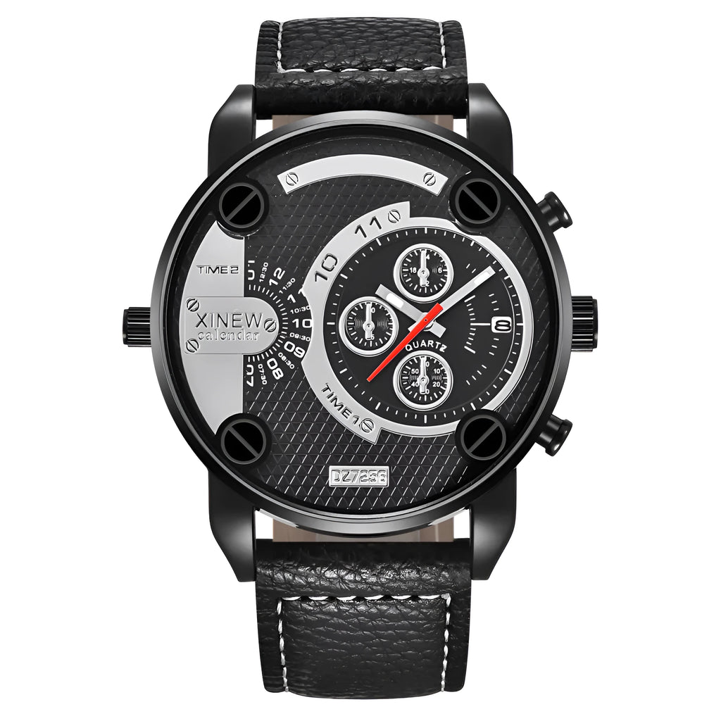 Men's big face watch with leather strap, date display, 5cm dial, 25cm strap, available in black khaki red white