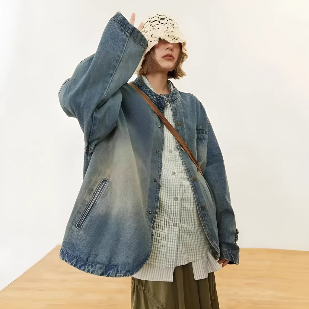 Loose casual commuting top for women in blue polyester fabric, long sleeves, straight hem, sizes M to 2XL