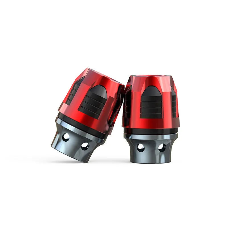 Pair of CNC-machined aluminium anti-drop fork cups for motorcycle and electric car front axles, shown in a coloured anodised finish.