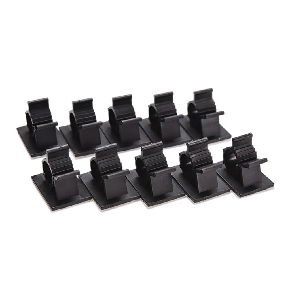 Black nylon adhesive cable clamps showing two-stage lock design for 13mm maximum cable diameter