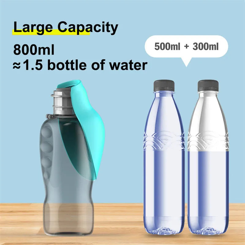 Blue-grey portable dog water bottle with foldable drinking bowl showing 800ml capacity markings