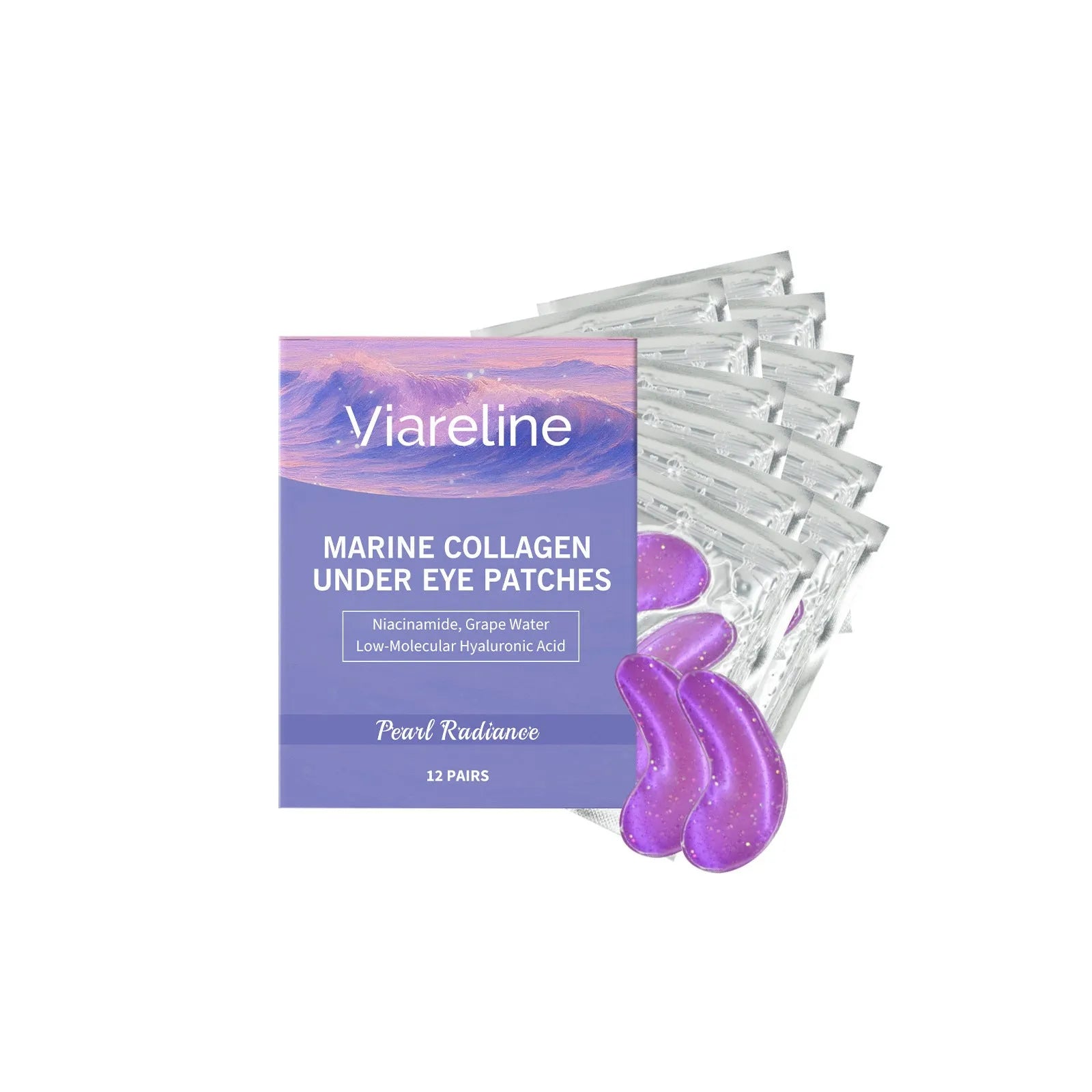 Pack of 12 collagen and hyaluronic acid eye masks for moisturising skincare.