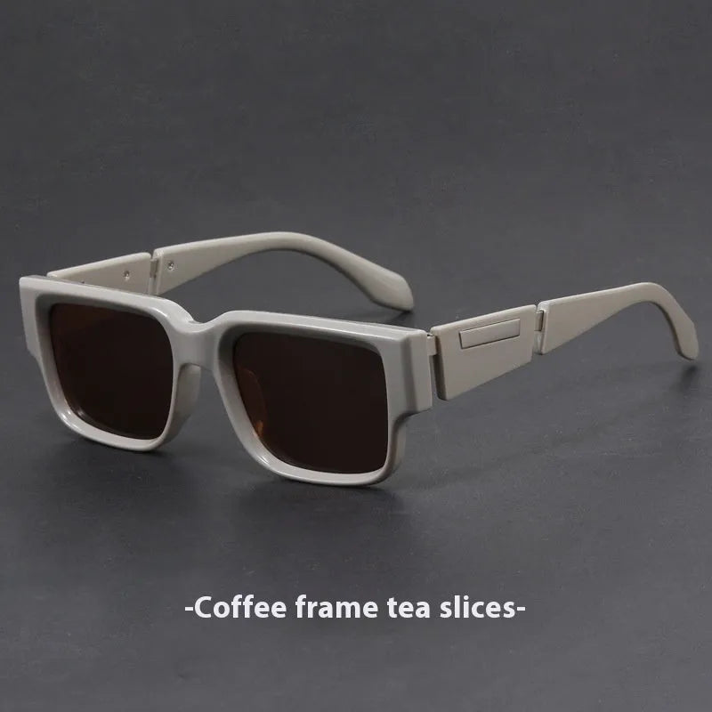 Square thick frame sunglasses with blue frames and grey-blue lenses showing Box style design