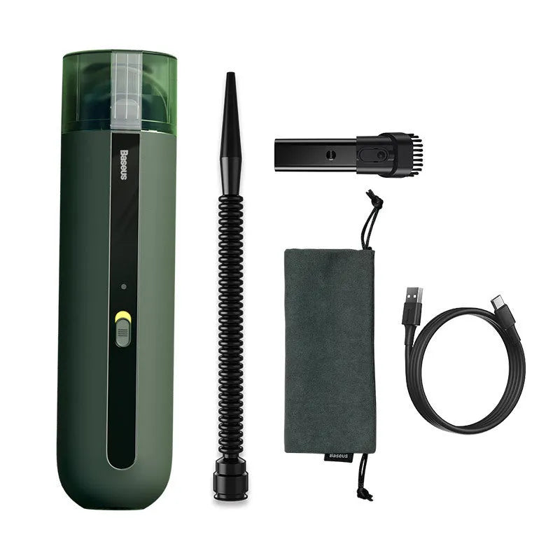 Baseus handheld car vacuum cleaner in black, white, or green next to a dust bin and blowing hose.