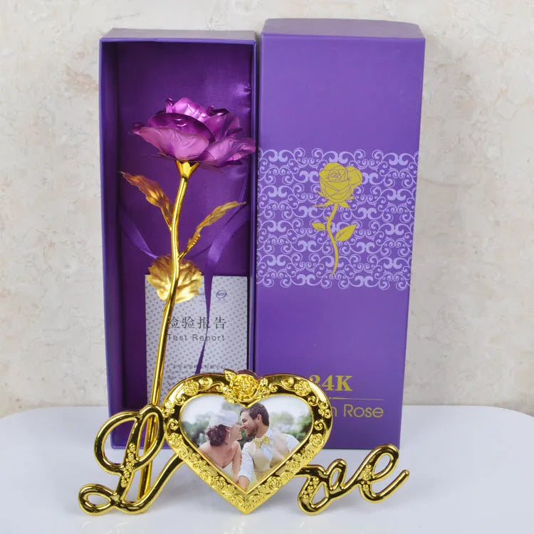 Gold-plated artificial rose with velvet stem on neutral background, available in multiple colours